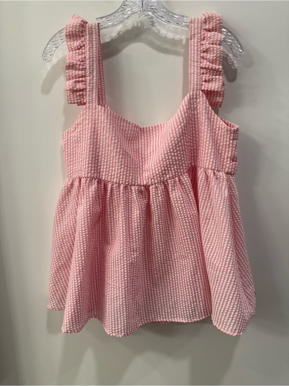 Simply Southern Baby Doll Seersucker Pink White Striped Top Ruffle Straps NEW